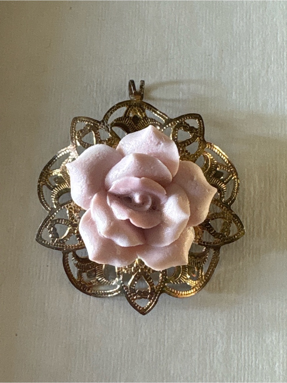 Pink Rose Porcelain Pendant on Filigree Gold Tone Backing
